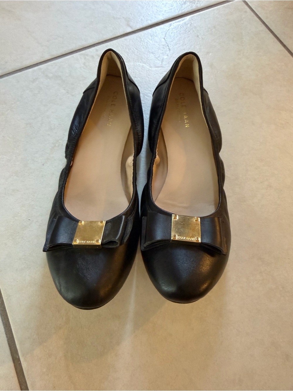Cole Haan Black Leather Tali Bow Flats with Gold Accent